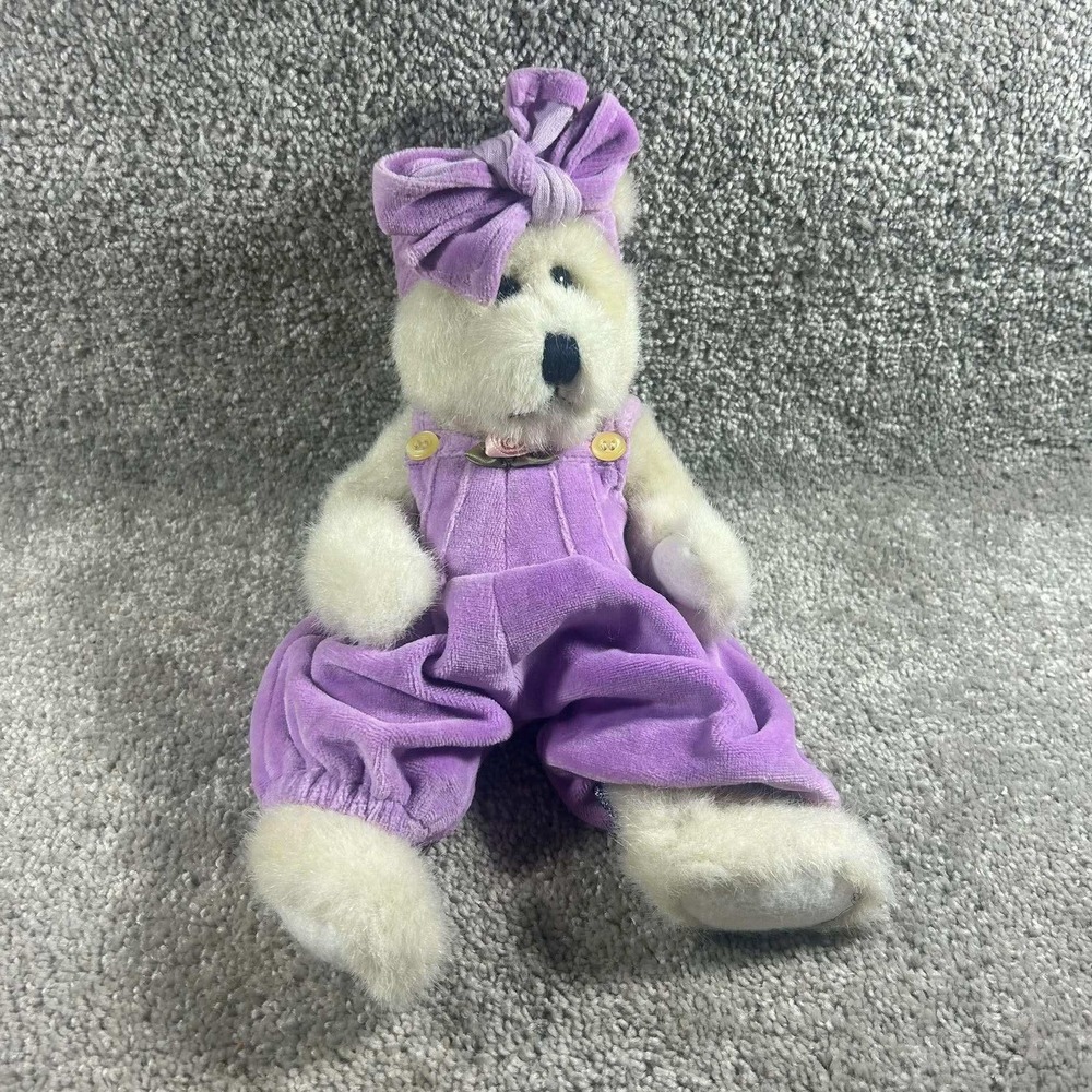 Boyds Bears Plush Teddy Bear Purple Velvet Overalls Bow Vintage Toy 12in